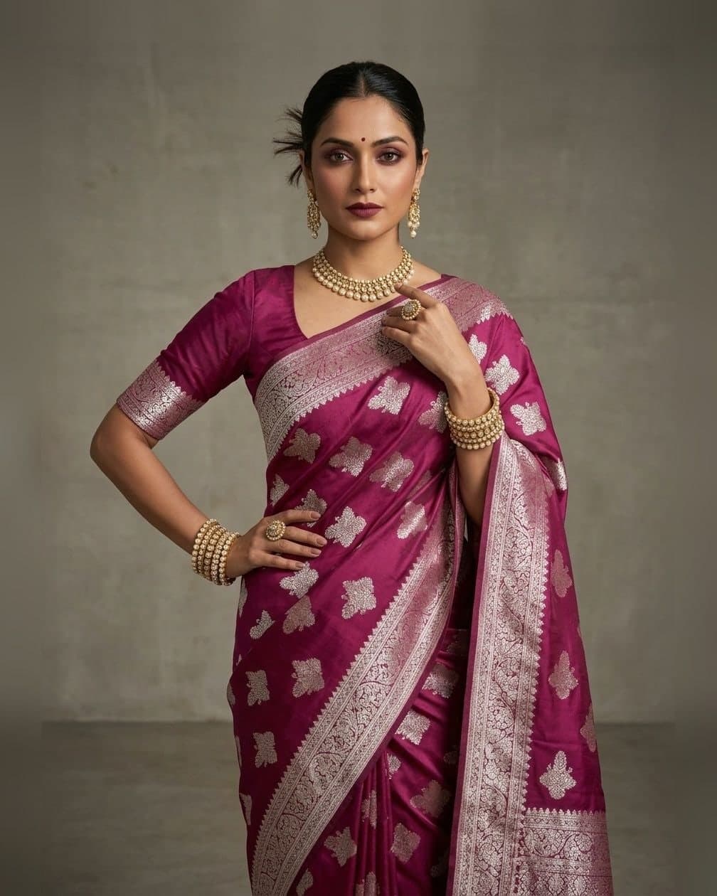 Magenta Silver Buti Silk Saree — Magenta saree with art silk
