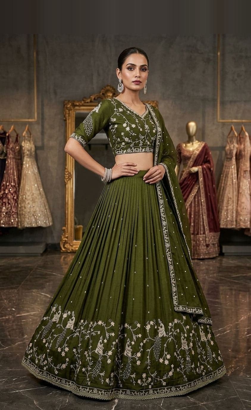 Olive Green Silver Embroidered Lehenga — Olive green lehenga with art silk with silver embroidery