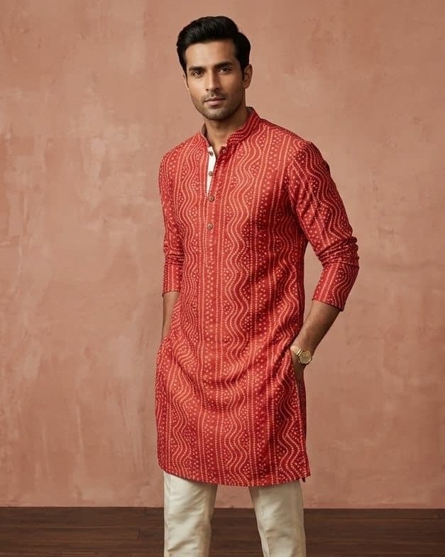 Rust Bandhani Print Kurta Pyjama — Rust lehenga with cotton blend