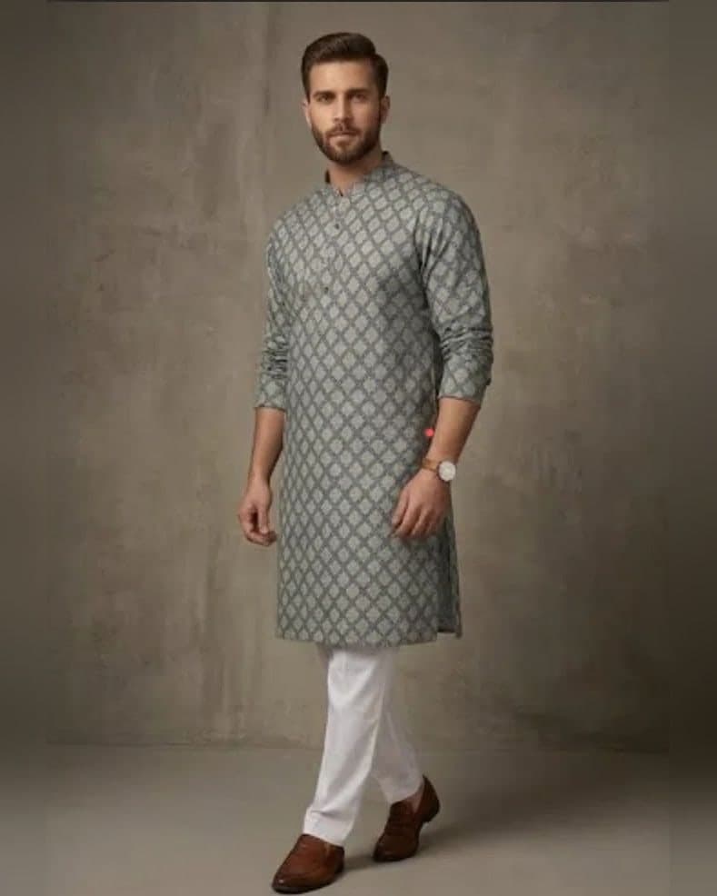 Sage Lattice Print Kurta Pyjama — Sage green lehenga with cotton blend