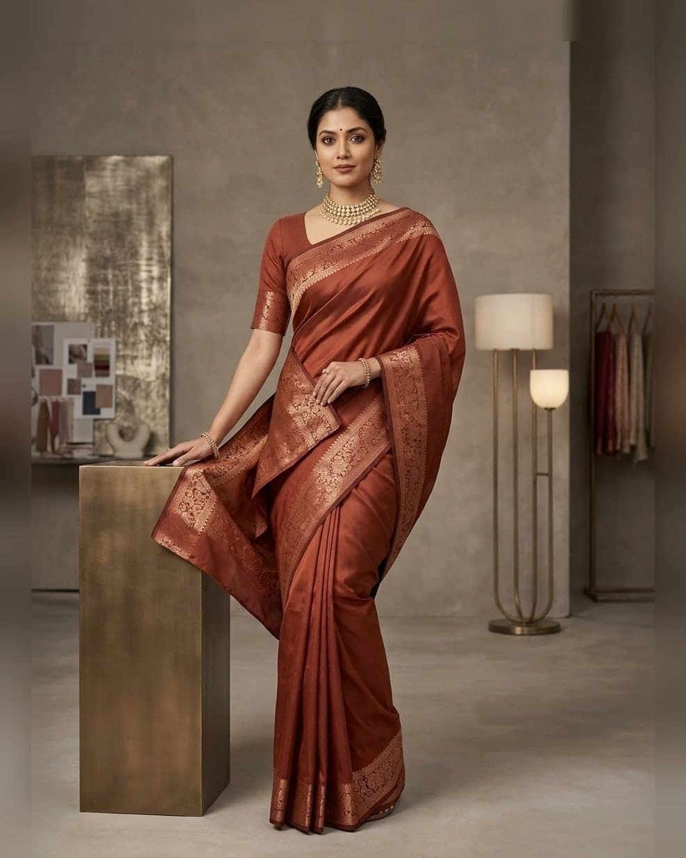 Terracotta Zari Border Silk Saree — Terracotta saree with art silk