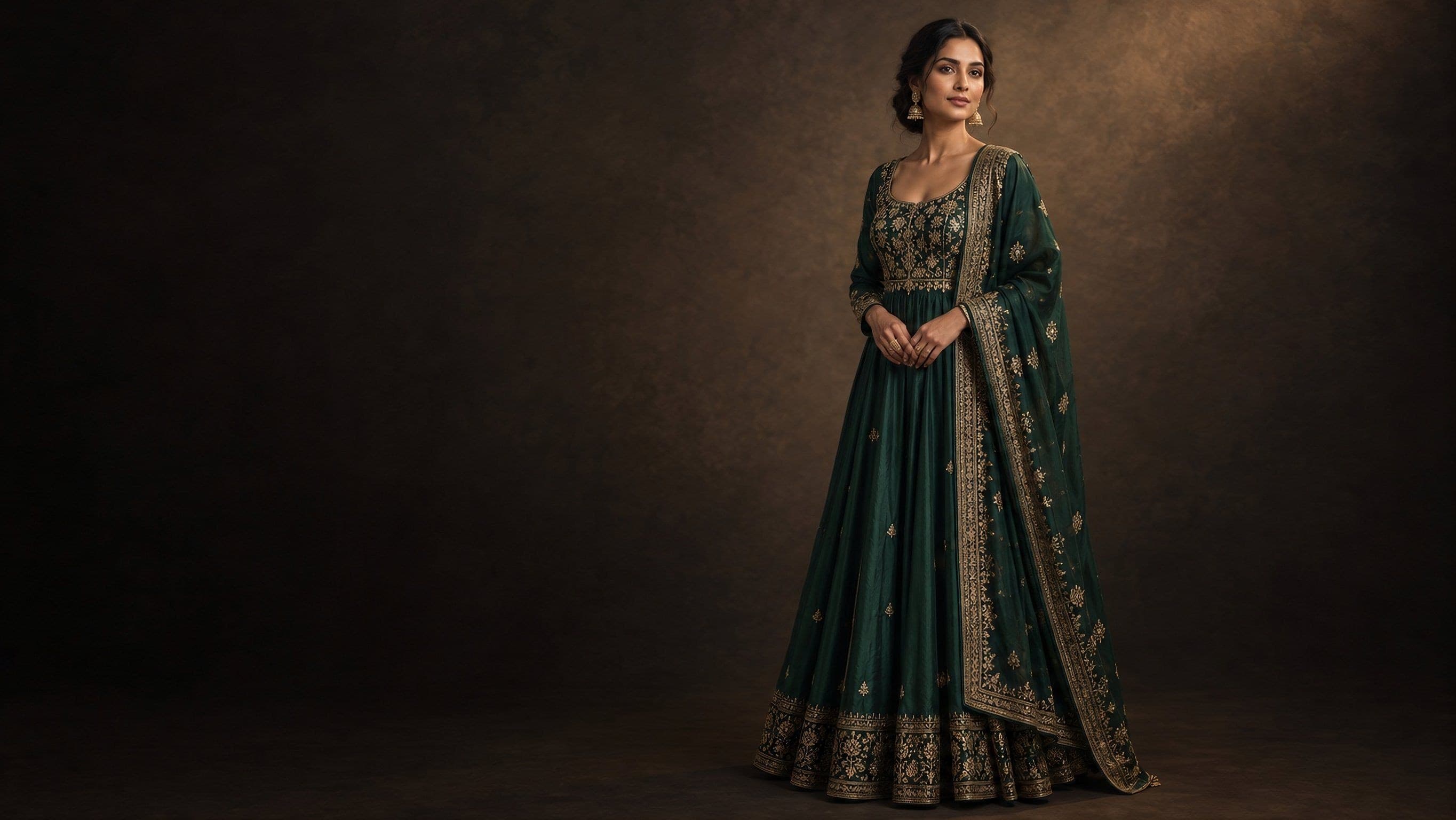Model wearing an emerald green anarkali suit with gold zari embroidery, styled by Faiza's Boutique